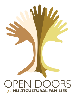 Old open doors logo, featuring hands of various skin tones arranged into a tree shape.
