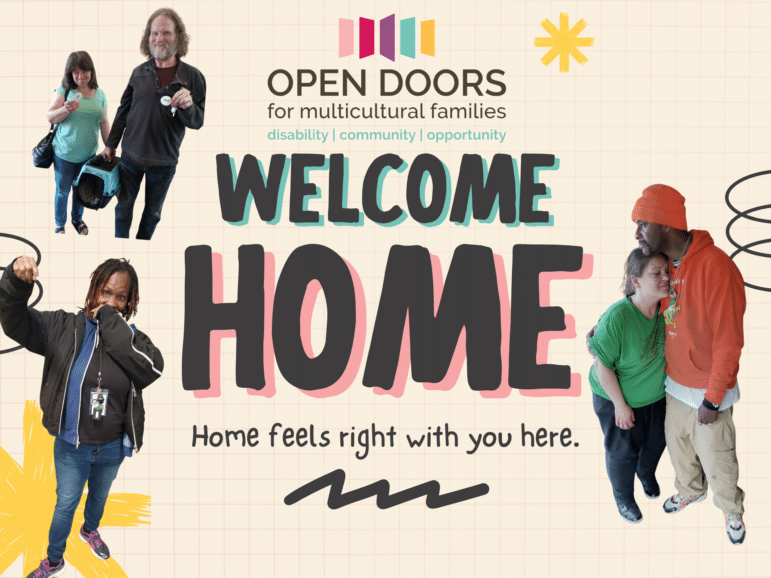 May contain three people, one holding a pet carrier, and two embracing.