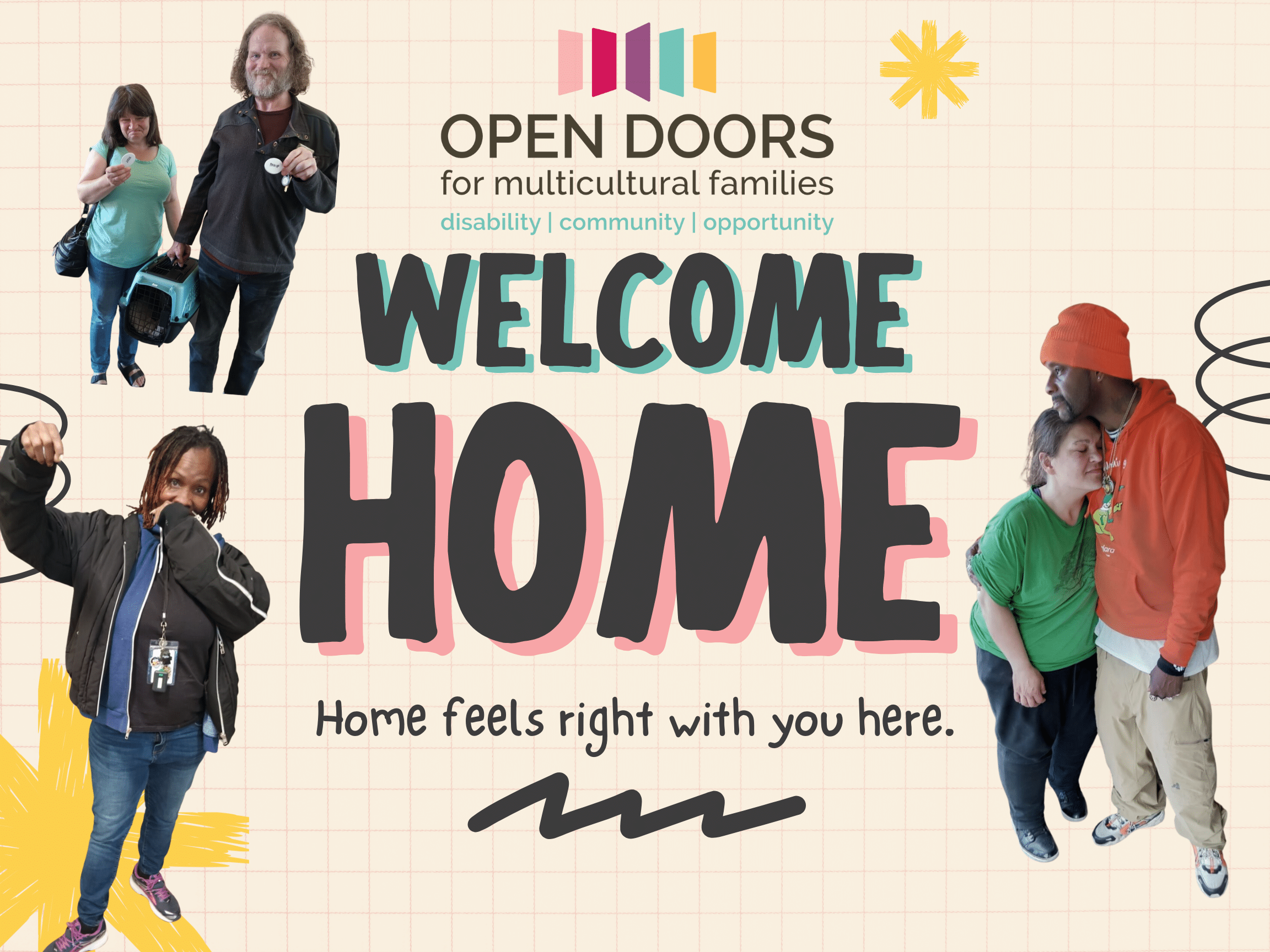 May contain three people, one holding a pet carrier, and two embracing.