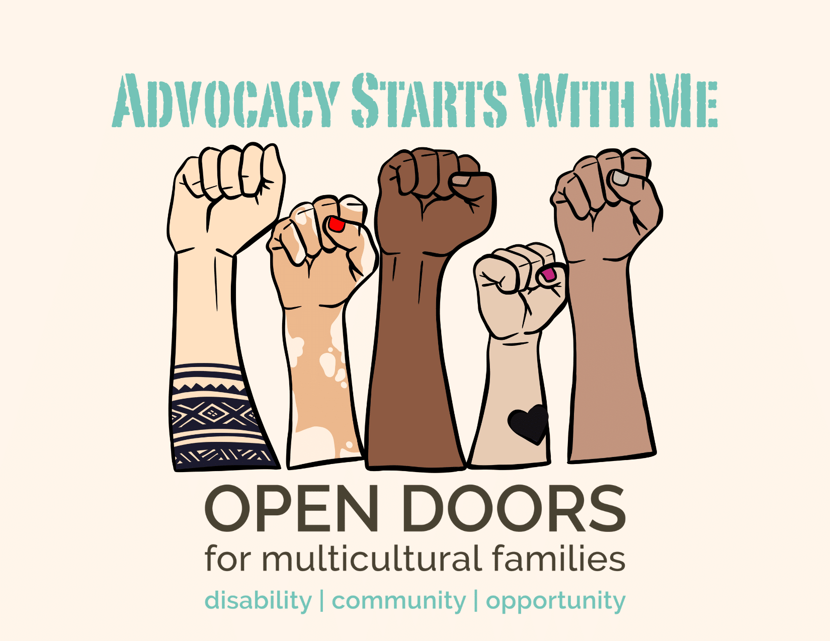 May contain five people with raised fists and text about advocacy.