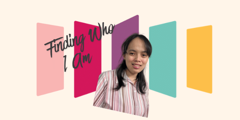 May contain a person smiling in front of five colorful vertical rectangles.