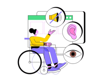 May contain a person in a wheelchair with icons for no sound, an ear, and an eye.
